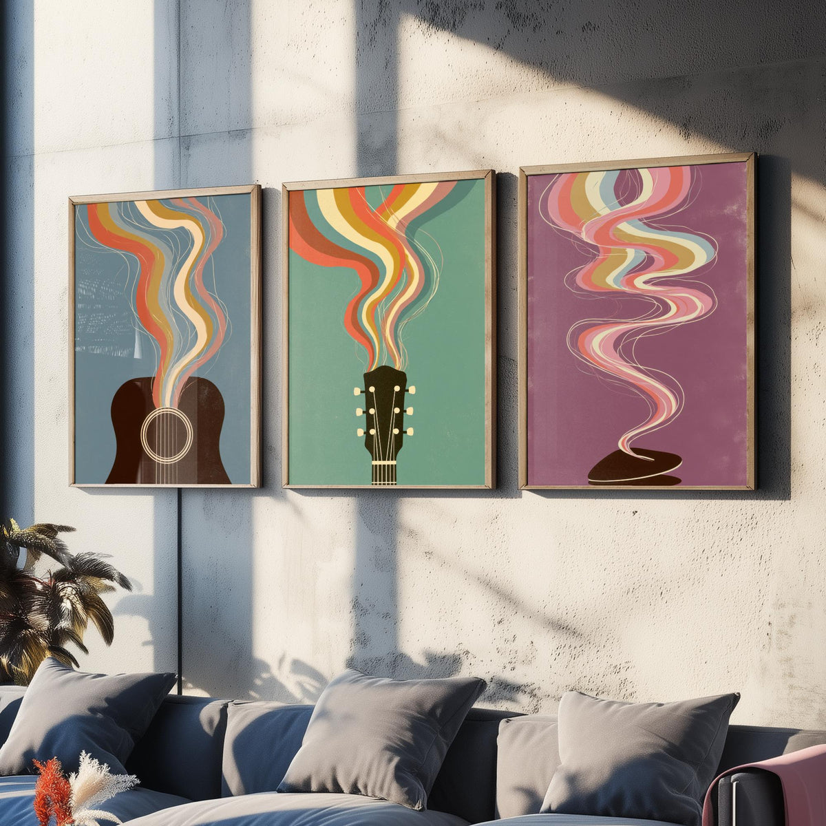 Acoustic Guitar Sound Hole, Headstock and Pick Set of Three Art Prints - Rainbow Guitar Poster - Retro Music Illustration
