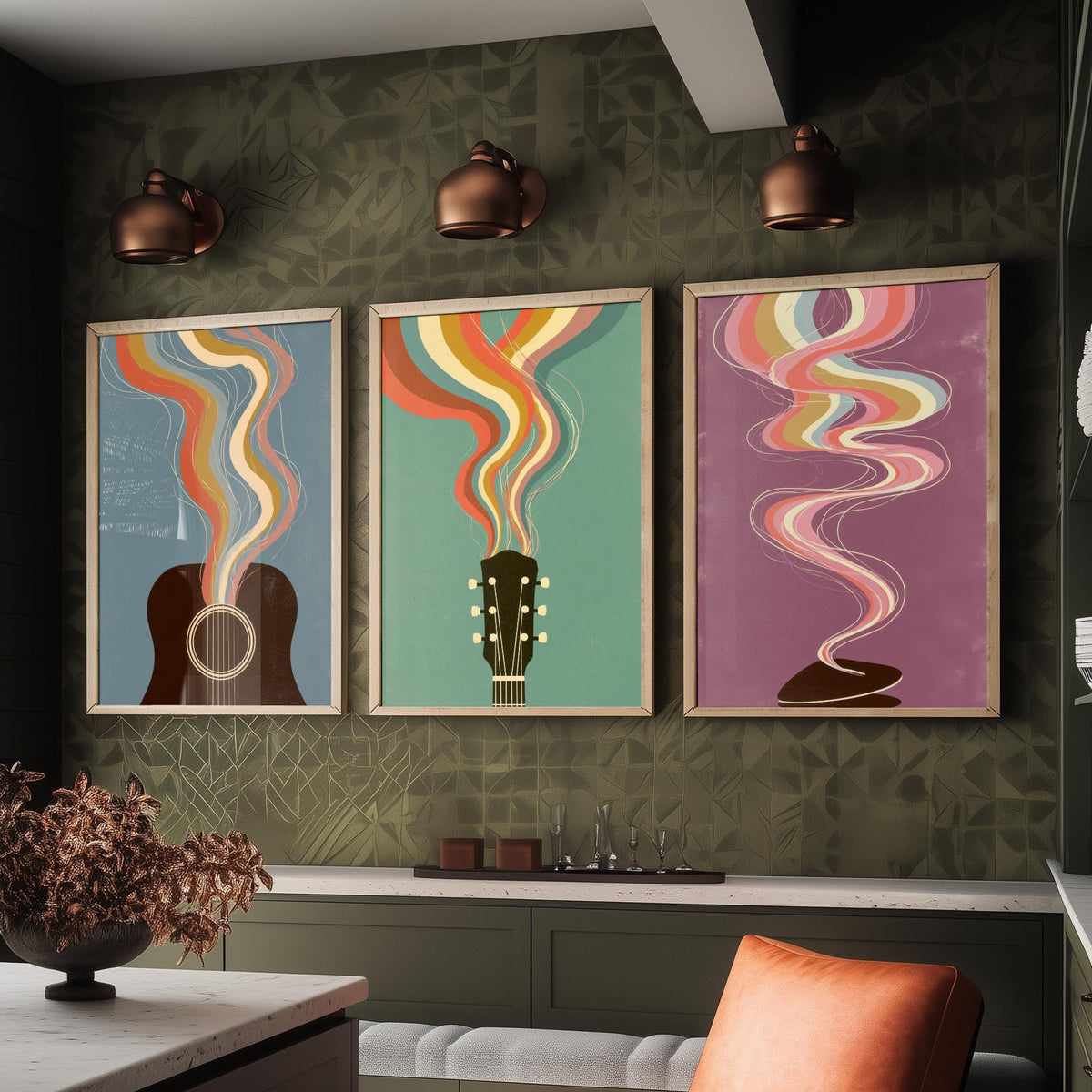 Acoustic Guitar Sound Hole, Headstock and Pick Set of Three Art Prints - Rainbow Guitar Poster - Retro Music Illustration