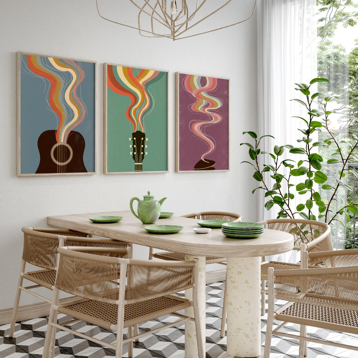 Acoustic Guitar Sound Hole, Headstock and Pick Set of Three Art Prints - Rainbow Guitar Poster - Retro Music Illustration