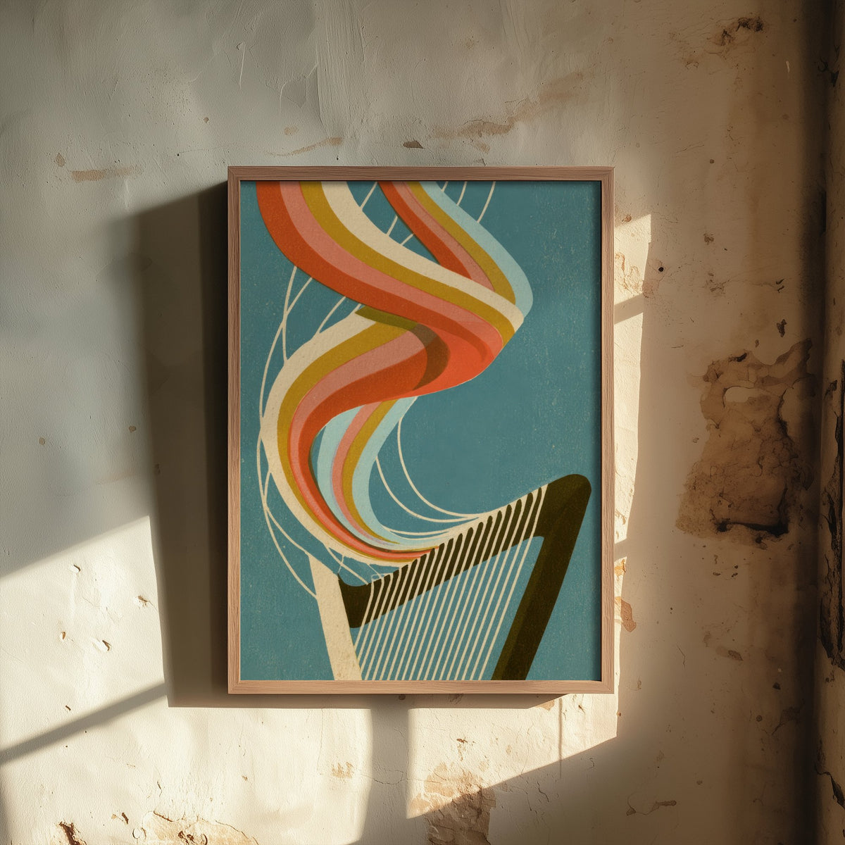 Harp Strings Art Print - Rainbow Harpist Poster - Teal Retro Music Illustration 1/3