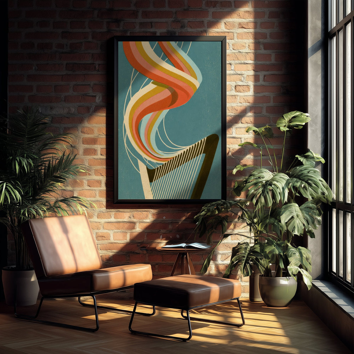 Harp Strings Art Print - Rainbow Harpist Poster - Teal Retro Music Illustration 1/3