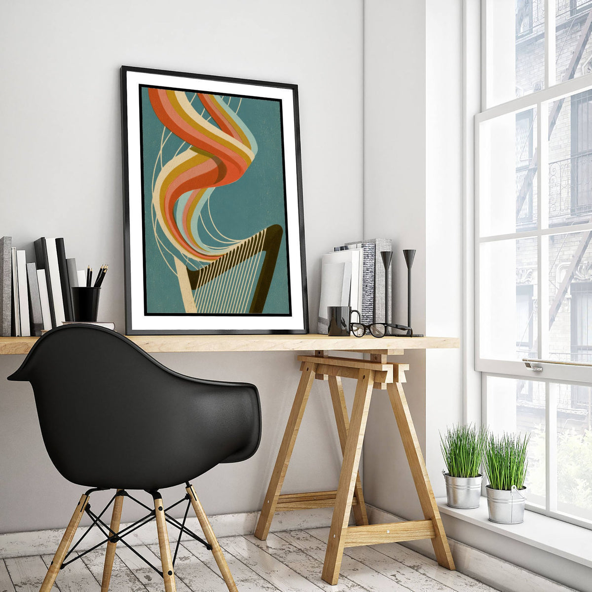 Harp Strings Art Print - Rainbow Harpist Poster - Teal Retro Music Illustration 1/3