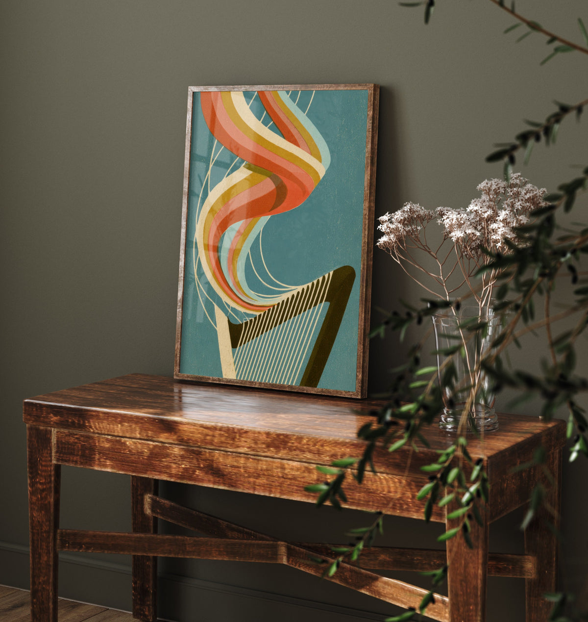 Harp Strings Art Print - Rainbow Harpist Poster - Teal Retro Music Illustration 1/3