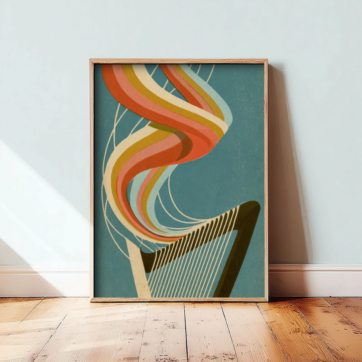 Harp Strings Art Print - Rainbow Harpist Poster - Teal Retro Music Illustration 1/3