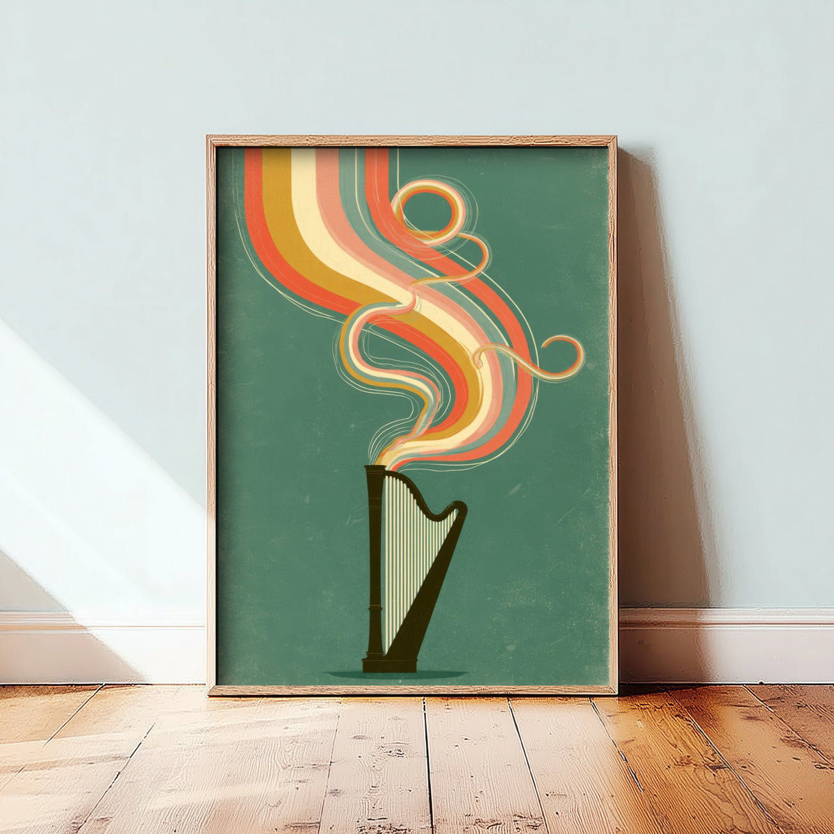 Concert Harp Art Print - Pedal Harp Rainbow Poster - Jade Green Music Illustration 2/3