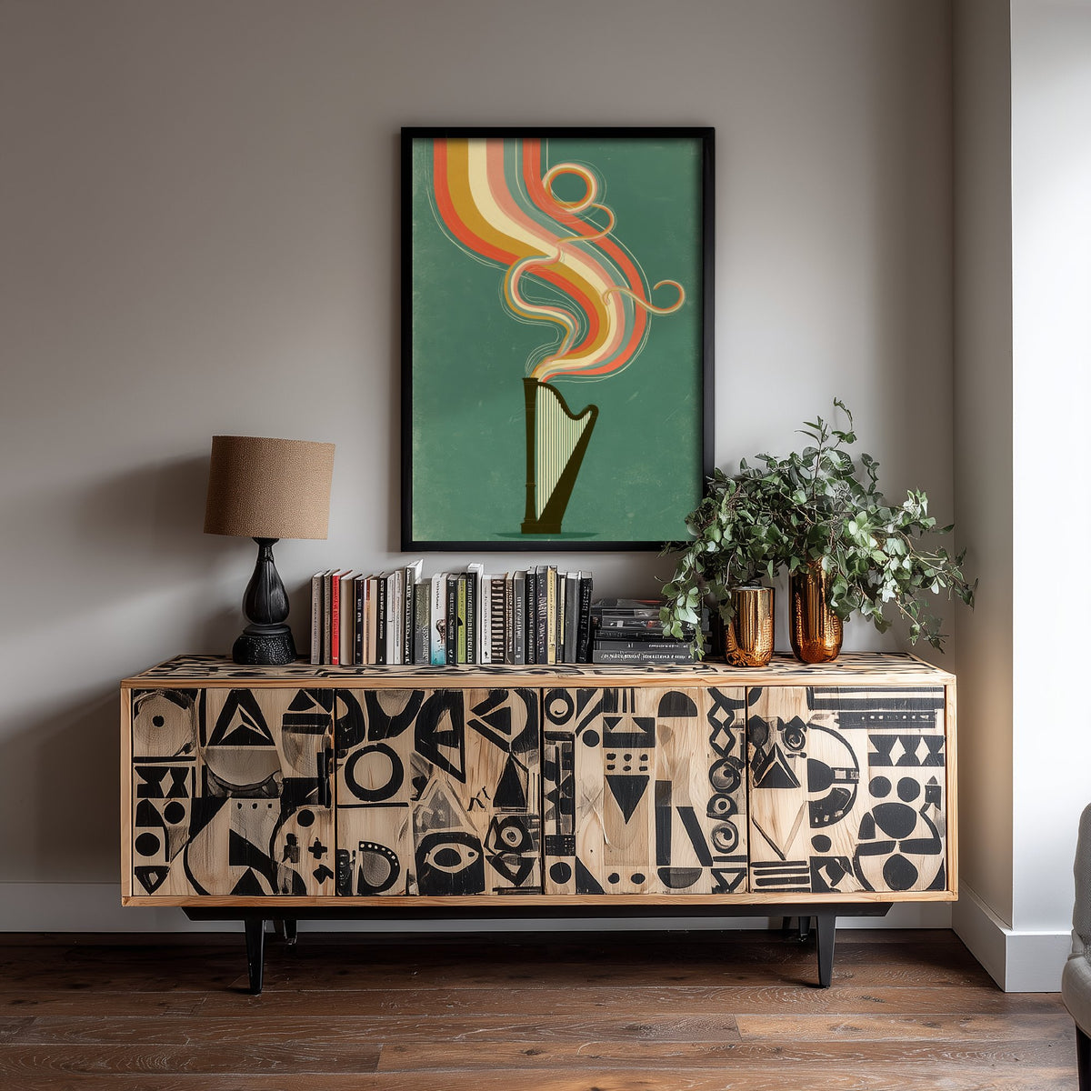 Concert Harp Art Print - Pedal Harp Rainbow Poster - Jade Green Music Illustration 2/3