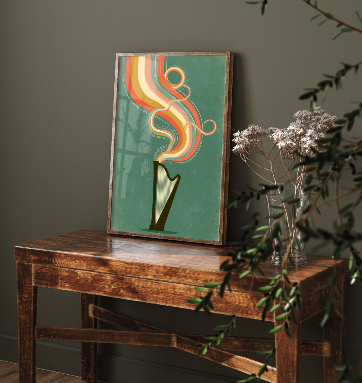 Concert Harp Art Print - Pedal Harp Rainbow Poster - Jade Green Music Illustration 2/3