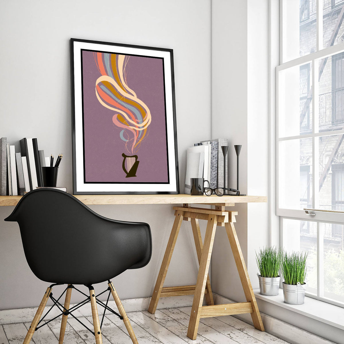 Lap Harp Art Print - Lavender Rainbow Poster - Small Celtic Harp Retro Illustration 3/3