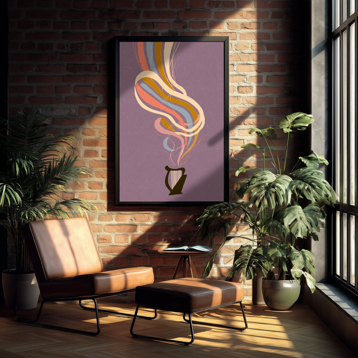 Lap Harp Art Print - Lavender Rainbow Poster - Small Celtic Harp Retro Illustration 3/3