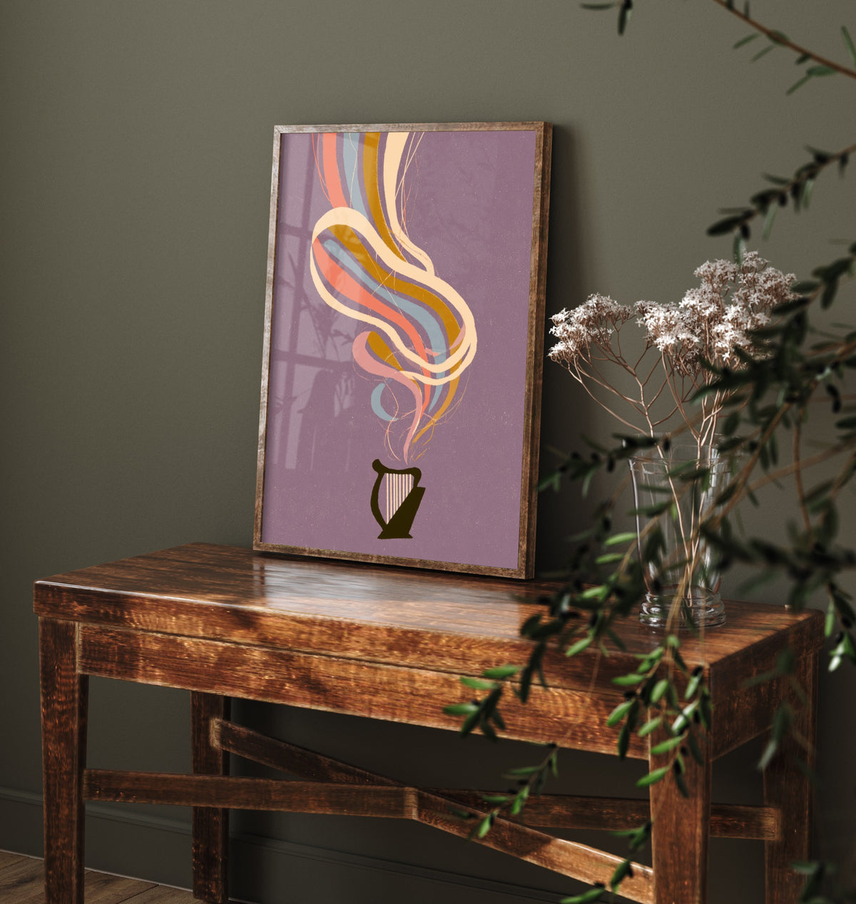 Lap Harp Art Print - Lavender Rainbow Poster - Small Celtic Harp Retro Illustration 3/3