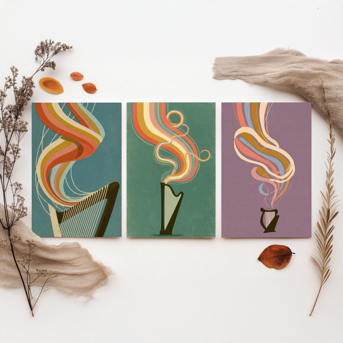 Harp Strings, Concert Harp and Lap Harp Set of Three Art Prints - Rainbow Harpist Poster - Retro Music Illustration