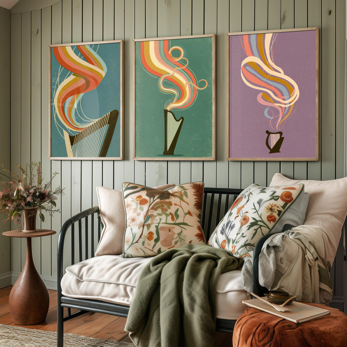 Harp Strings, Concert Harp and Lap Harp Set of Three Art Prints - Rainbow Harpist Poster - Retro Music Illustration