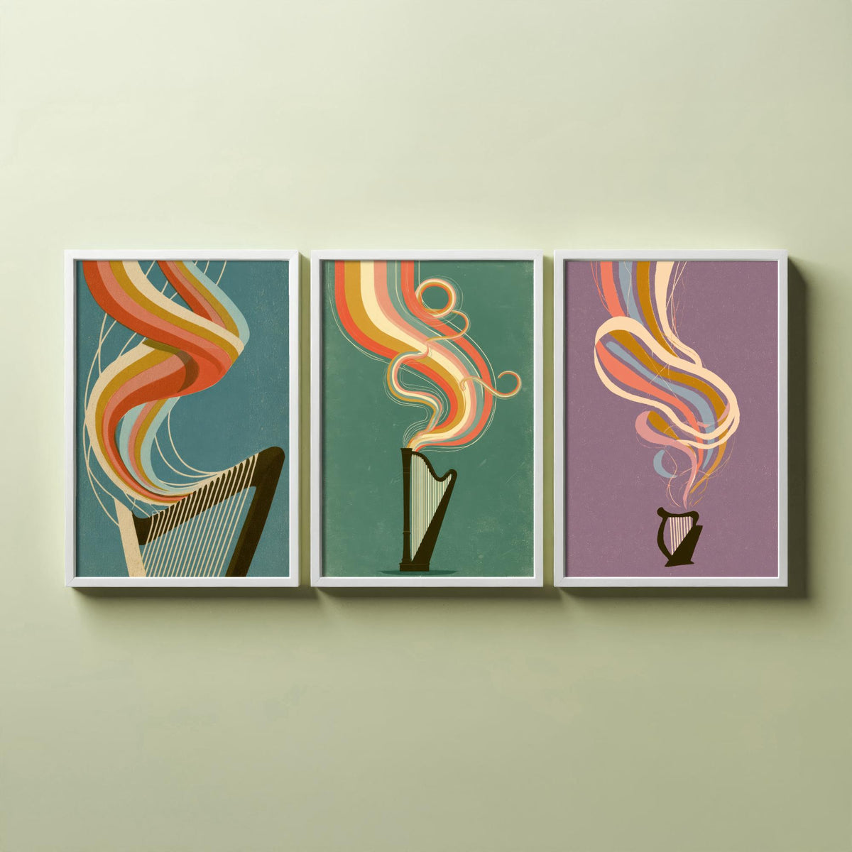 Harp Strings, Concert Harp and Lap Harp Set of Three Art Prints - Rainbow Harpist Poster - Retro Music Illustration