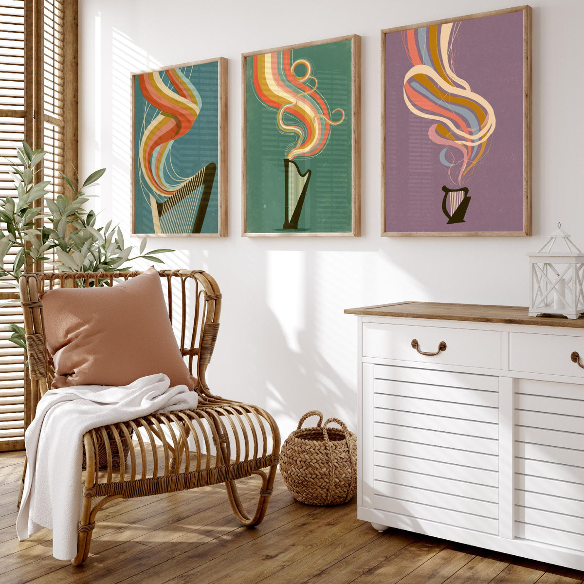 Harp Strings, Concert Harp and Lap Harp Set of Three Art Prints - Rainbow Harpist Poster - Retro Music Illustration