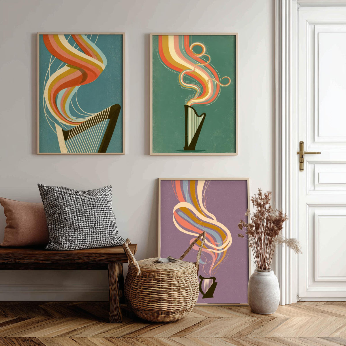 Harp Strings, Concert Harp and Lap Harp Set of Three Art Prints - Rainbow Harpist Poster - Retro Music Illustration