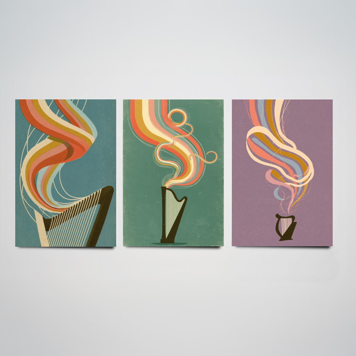Harp Strings, Concert Harp and Lap Harp Set of Three Art Prints - Rainbow Harpist Poster - Retro Music Illustration