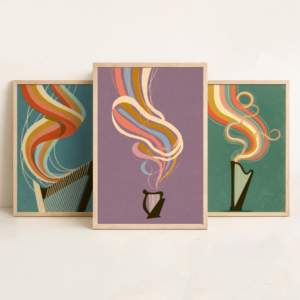 Harp Strings, Concert Harp and Lap Harp Set of Three Art Prints - Rainbow Harpist Poster - Retro Music Illustration