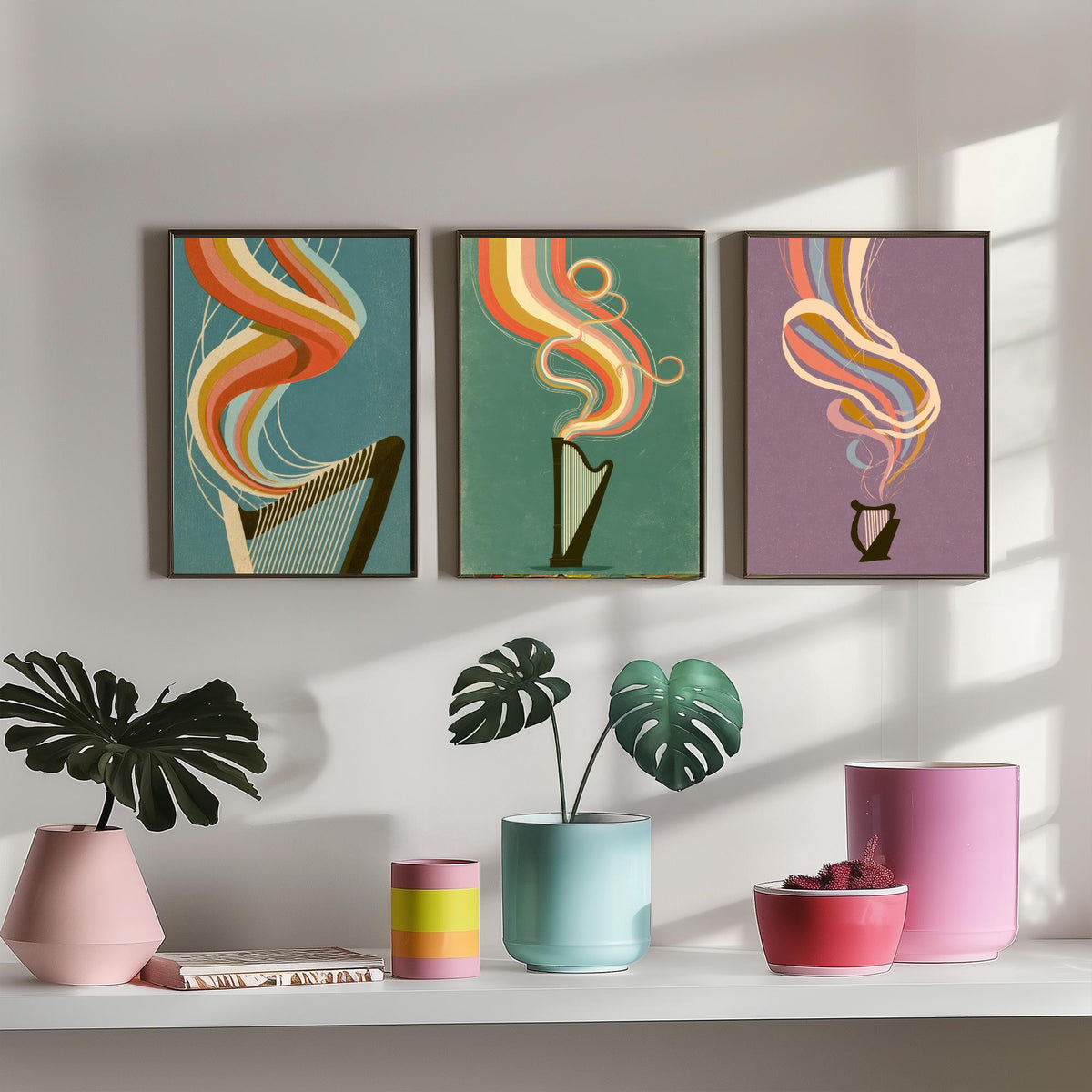 Harp Strings, Concert Harp and Lap Harp Set of Three Art Prints - Rainbow Harpist Poster - Retro Music Illustration