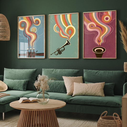 Trumpet Valves, Brass Trumpet and Bell Head On Set of Three Art Prints - Rainbow Jazz Poster - 70s Music Illustration