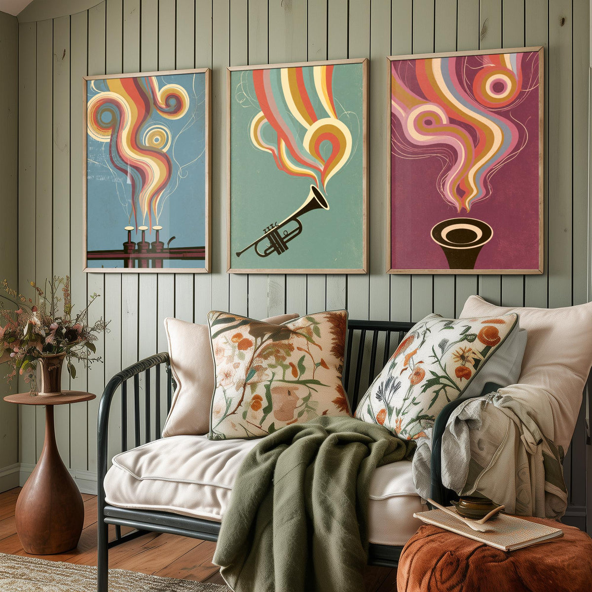 Trumpet Valves, Brass Trumpet and Bell Head On Set of Three Art Prints - Rainbow Jazz Poster - 70s Music Illustration