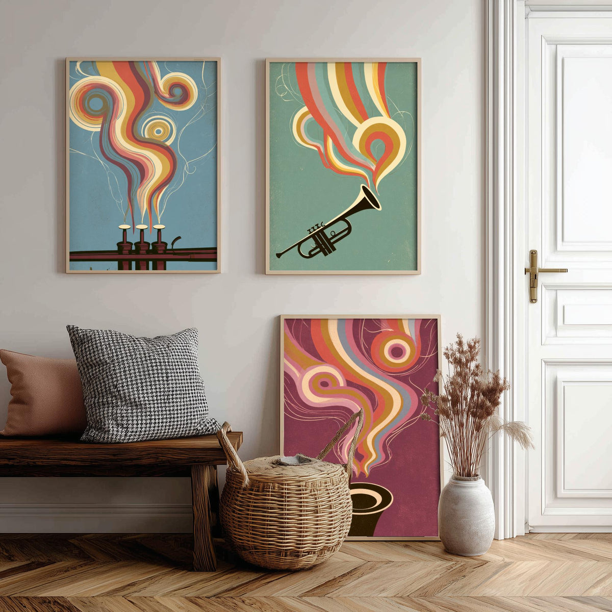 Trumpet Valves, Brass Trumpet and Bell Head On Set of Three Art Prints - Rainbow Jazz Poster - 70s Music Illustration