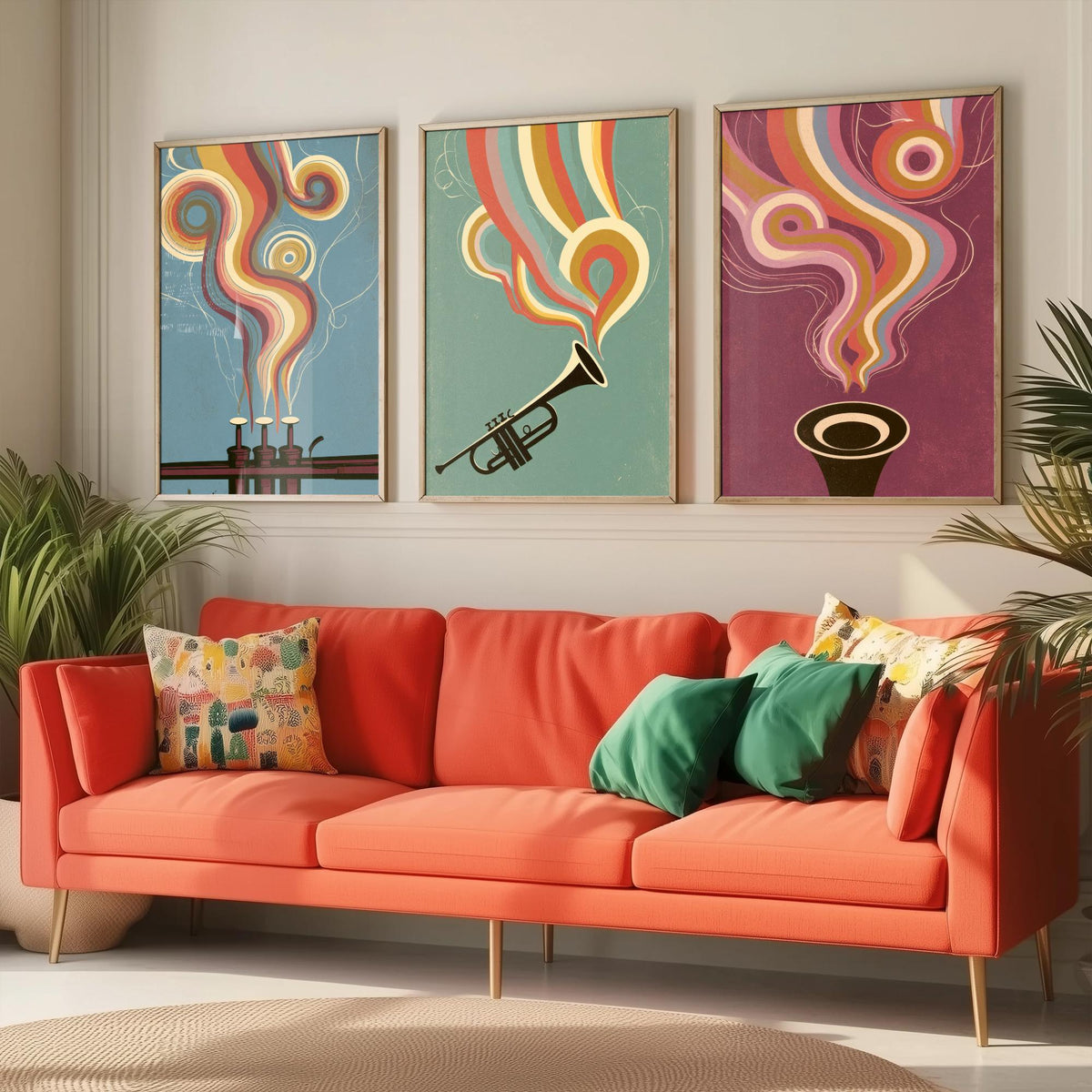 Trumpet Valves, Brass Trumpet and Bell Head On Set of Three Art Prints - Rainbow Jazz Poster - 70s Music Illustration