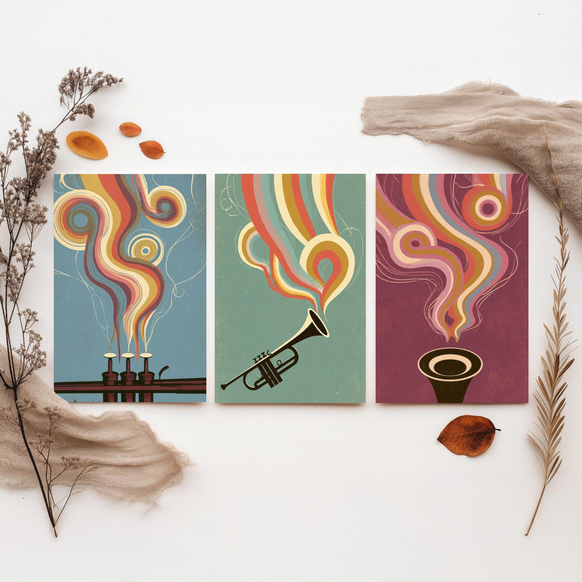 Trumpet Valves, Brass Trumpet and Bell Head On Set of Three Art Prints - Rainbow Jazz Poster - 70s Music Illustration