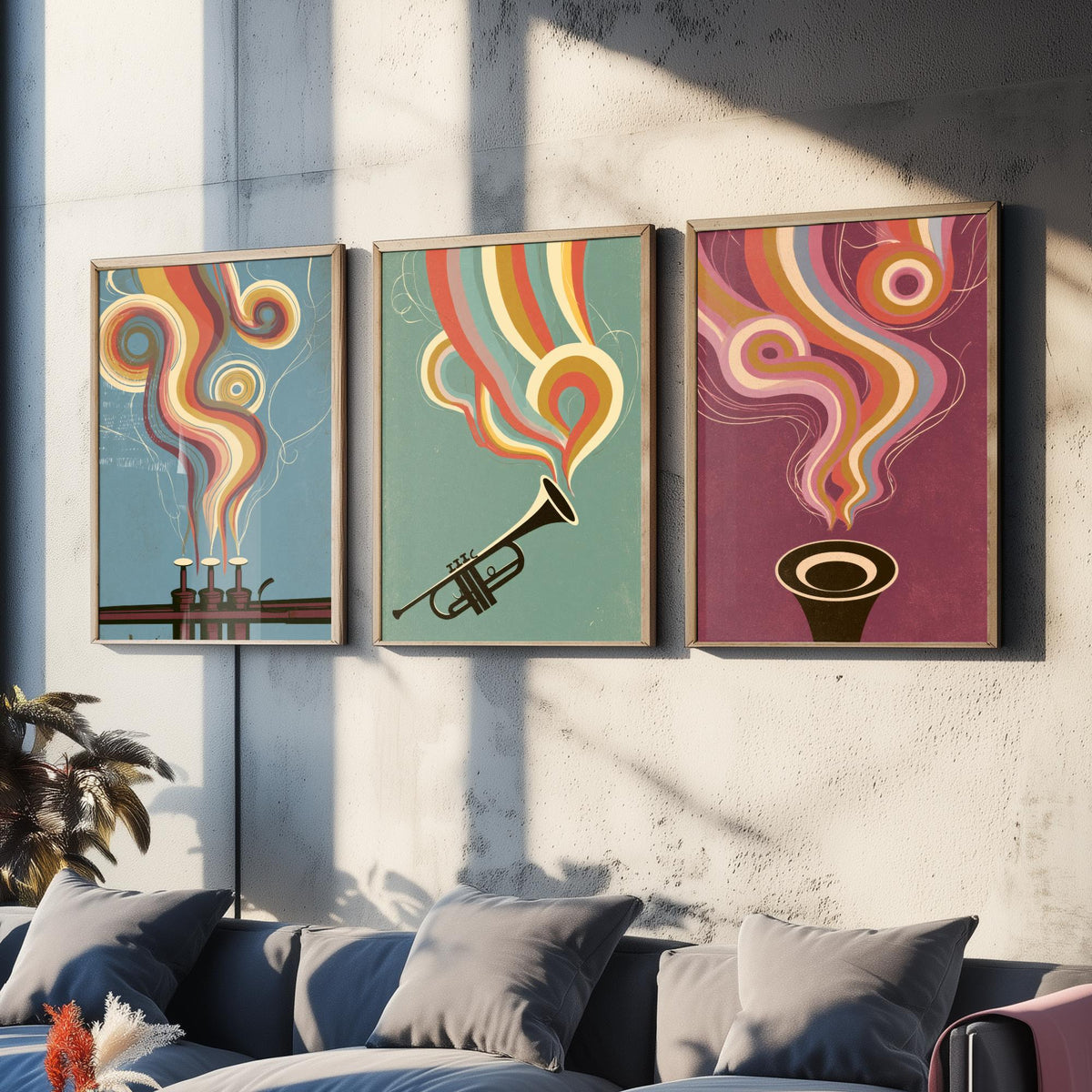 Trumpet Valves, Brass Trumpet and Bell Head On Set of Three Art Prints - Rainbow Jazz Poster - 70s Music Illustration