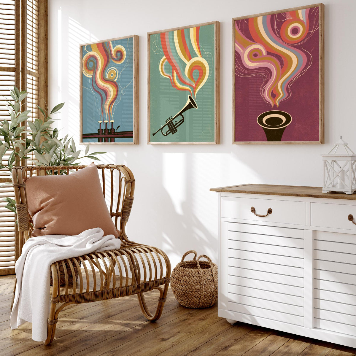 Trumpet Valves, Brass Trumpet and Bell Head On Set of Three Art Prints - Rainbow Jazz Poster - 70s Music Illustration