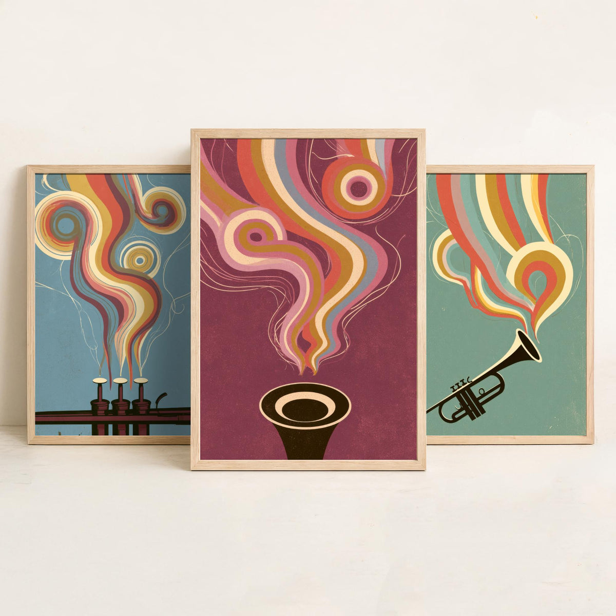 Trumpet Valves, Brass Trumpet and Bell Head On Set of Three Art Prints - Rainbow Jazz Poster - 70s Music Illustration