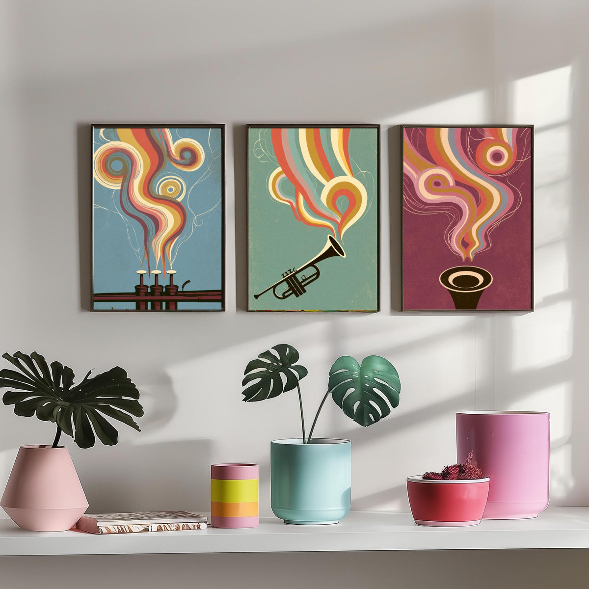 Trumpet Valves, Brass Trumpet and Bell Head On Set of Three Art Prints - Rainbow Jazz Poster - 70s Music Illustration