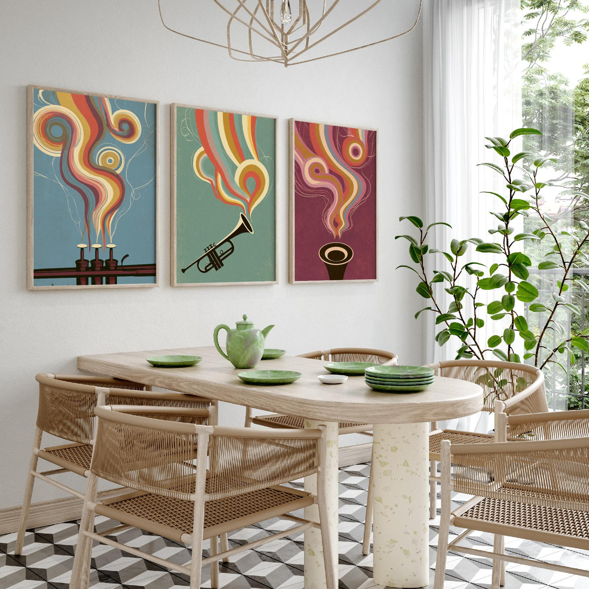 Trumpet Valves, Brass Trumpet and Bell Head On Set of Three Art Prints - Rainbow Jazz Poster - 70s Music Illustration