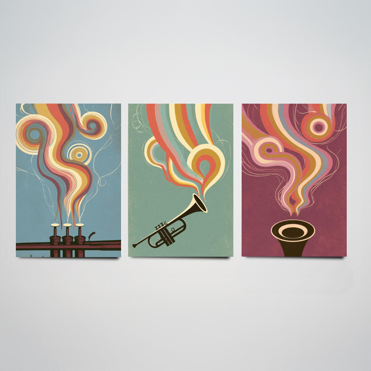 Trumpet Valves, Brass Trumpet and Bell Head On Set of Three Art Prints - Rainbow Jazz Poster - 70s Music Illustration