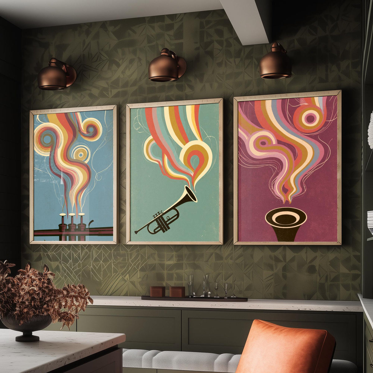Trumpet Valves, Brass Trumpet and Bell Head On Set of Three Art Prints - Rainbow Jazz Poster - 70s Music Illustration