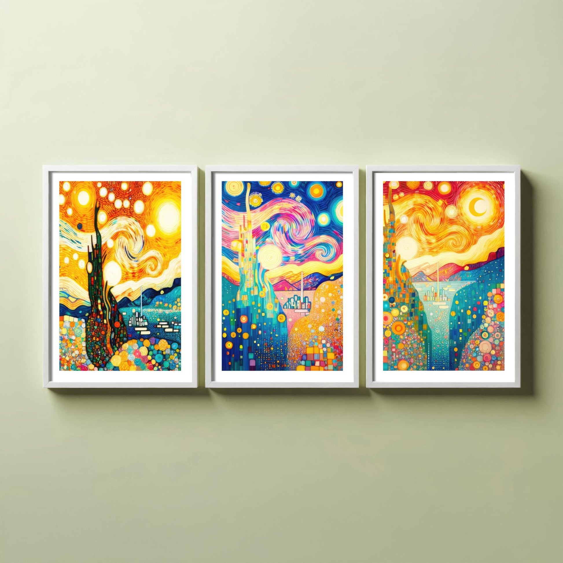 Rainbow Klimt Style Set of Three Art Prints - 3 Swirling Starry Landscape Posters - Vibrant Mosaic Illustration Decor Gift