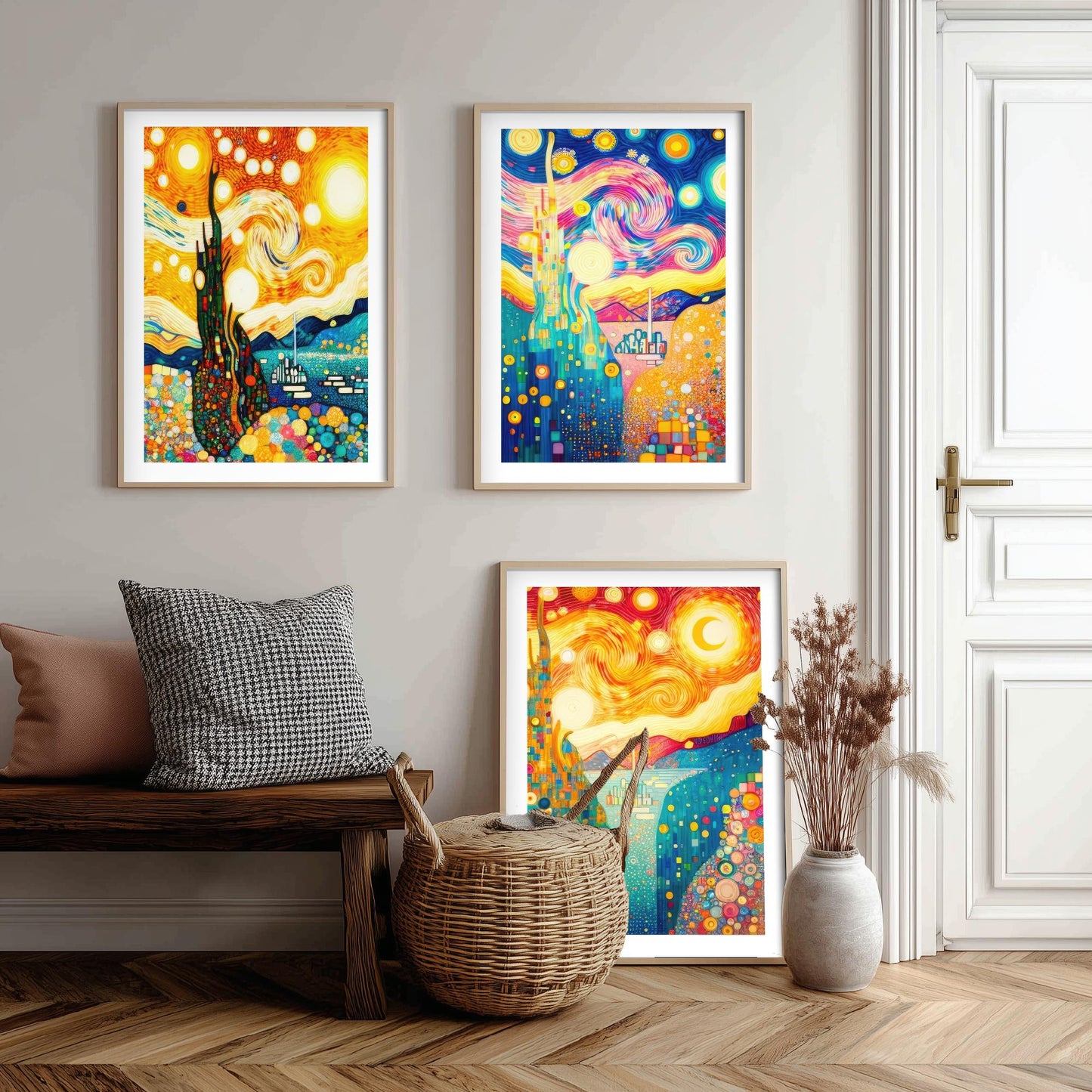 Rainbow Klimt Style Set of Three Art Prints - 3 Swirling Starry Landscape Posters - Vibrant Mosaic Illustration Decor Gift
