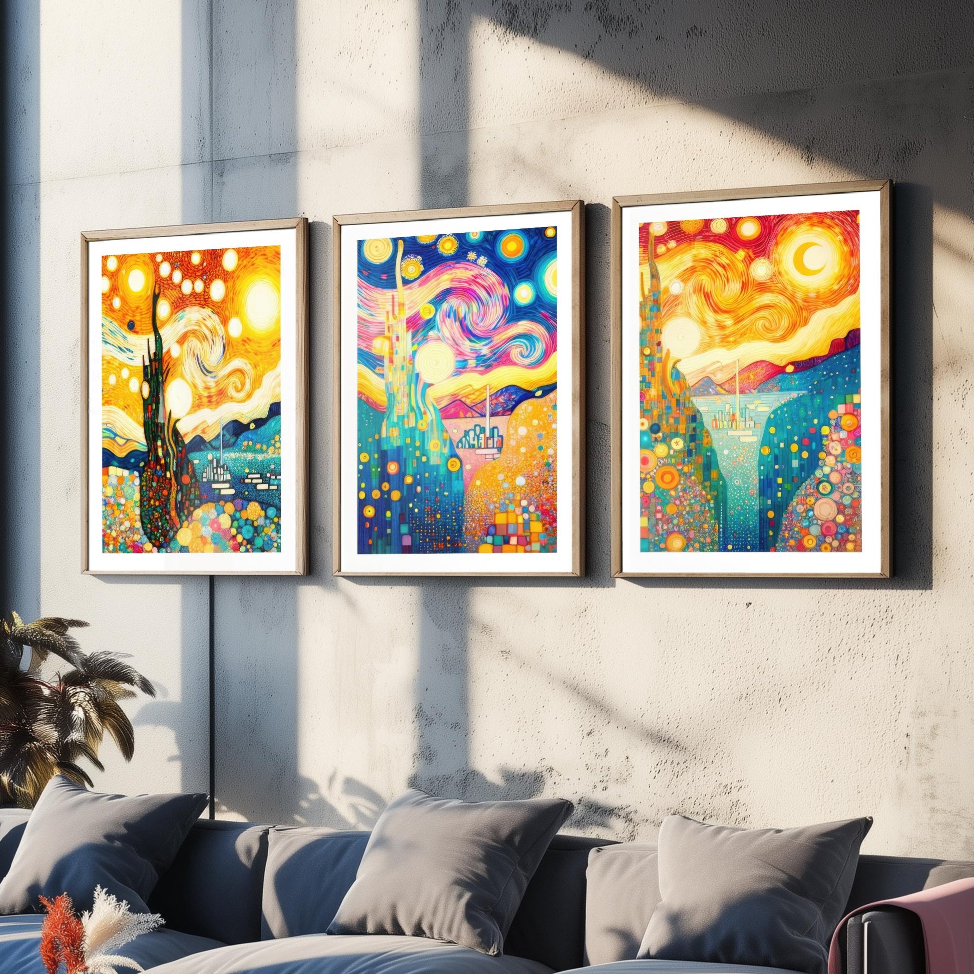 Rainbow Klimt Style Set of Three Art Prints - 3 Swirling Starry Landscape Posters - Vibrant Mosaic Illustration Decor Gift