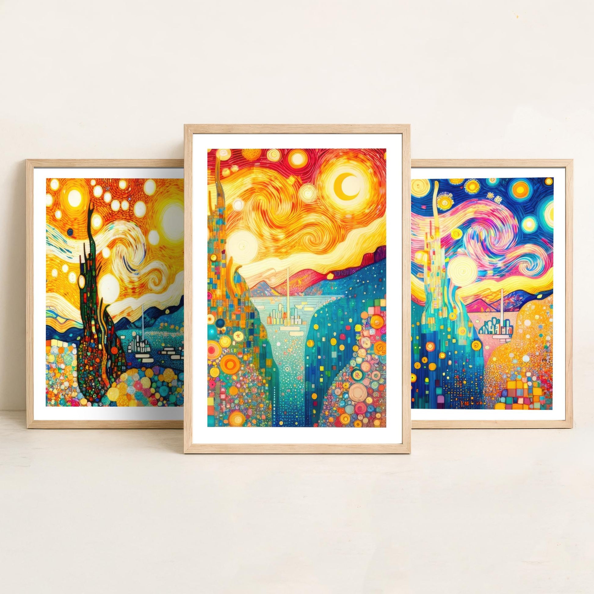 Rainbow Klimt Style Set of Three Art Prints - 3 Swirling Starry Landscape Posters - Vibrant Mosaic Illustration Decor Gift
