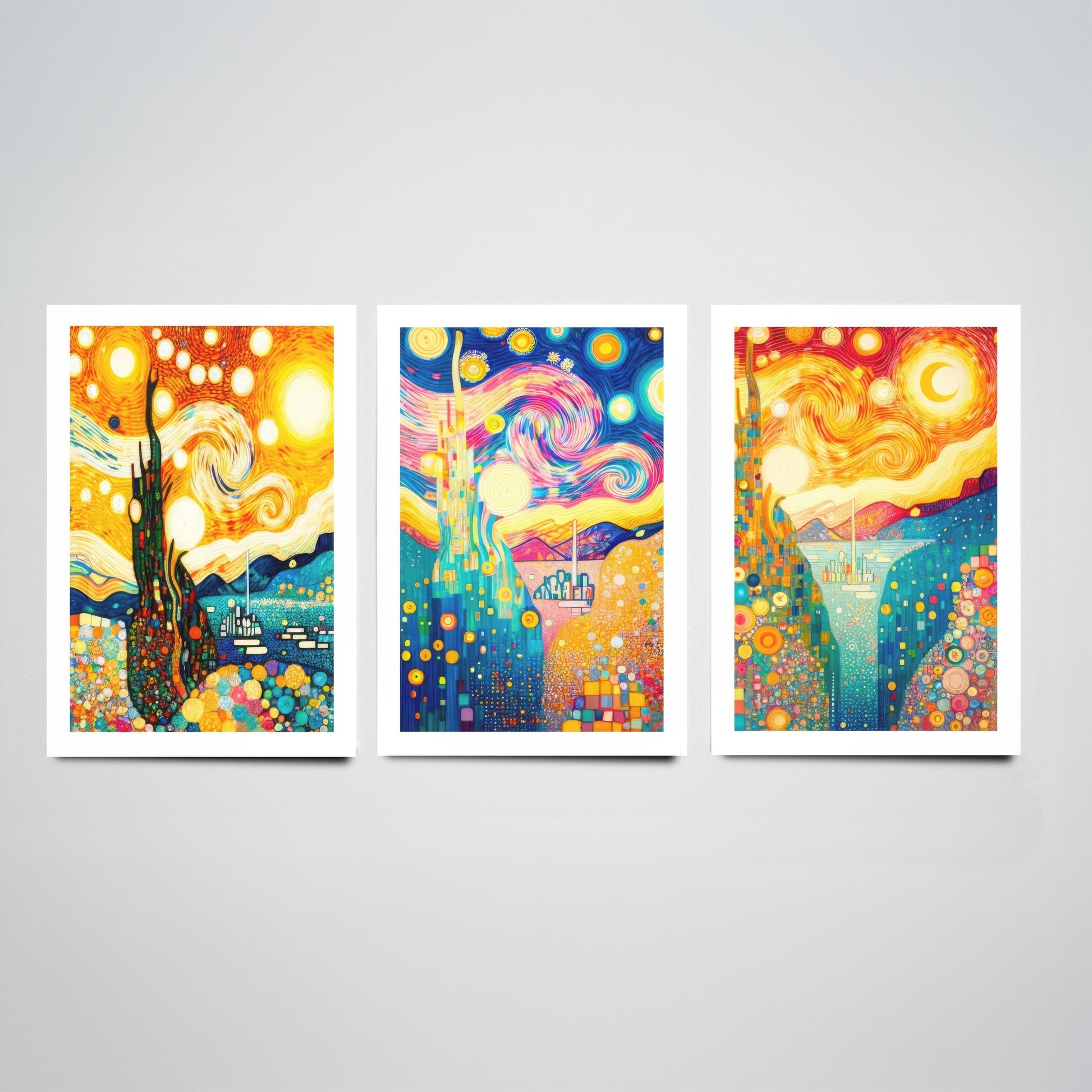 Rainbow Klimt Style Set of Three Art Prints - 3 Swirling Starry Landscape Posters - Vibrant Mosaic Illustration Decor Gift