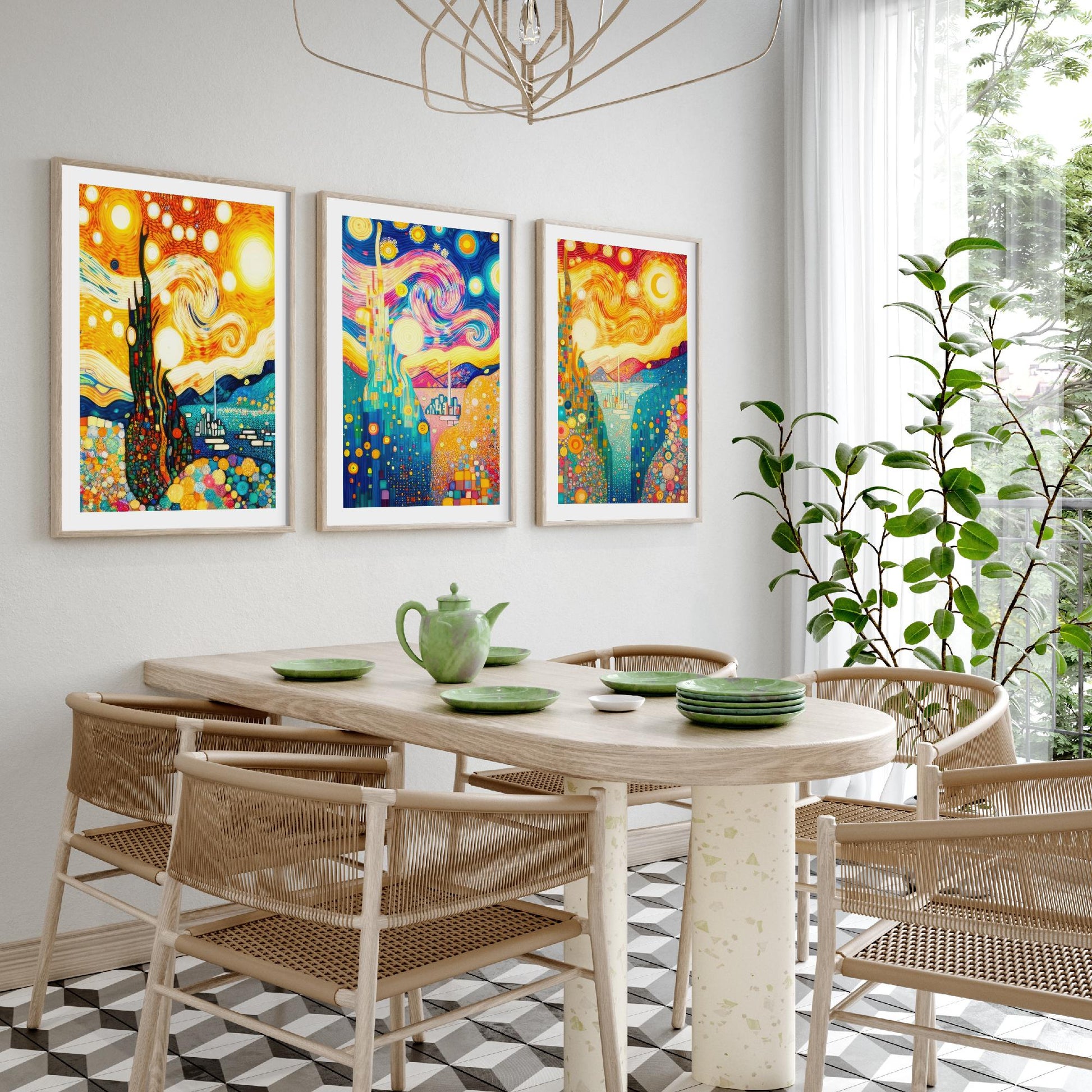 Rainbow Klimt Style Set of Three Art Prints - 3 Swirling Starry Landscape Posters - Vibrant Mosaic Illustration Decor Gift