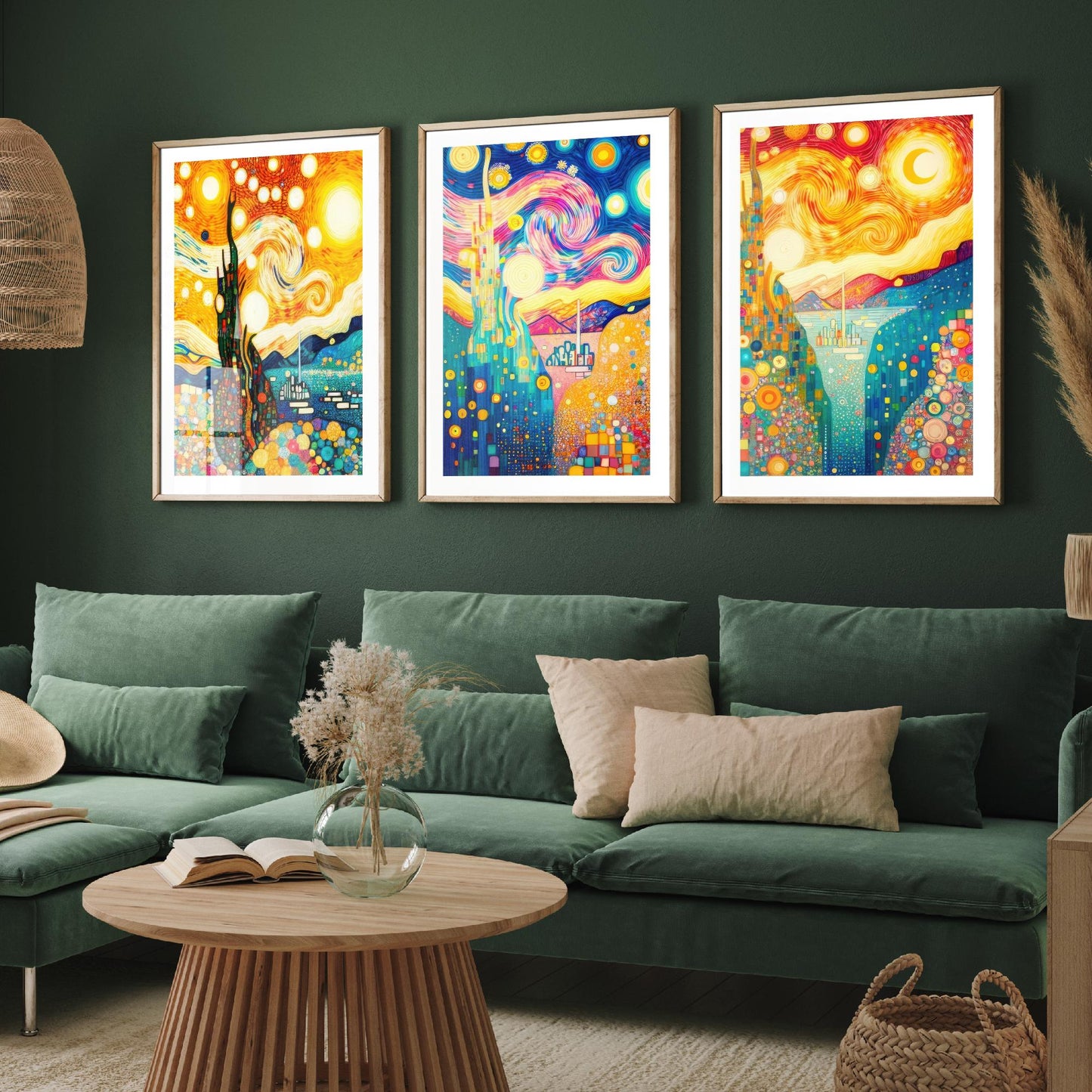 Rainbow Klimt Style Set of Three Art Prints - 3 Swirling Starry Landscape Posters - Vibrant Mosaic Illustration Decor Gift