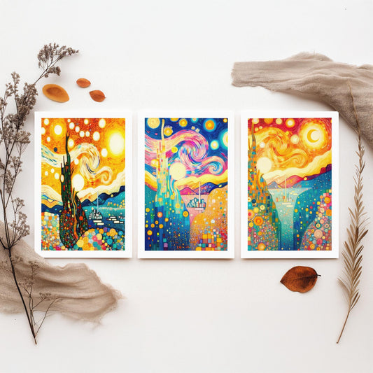 Rainbow Klimt Style Set of Three Art Prints - 3 Swirling Starry Landscape Posters - Vibrant Mosaic Illustration Decor Gift