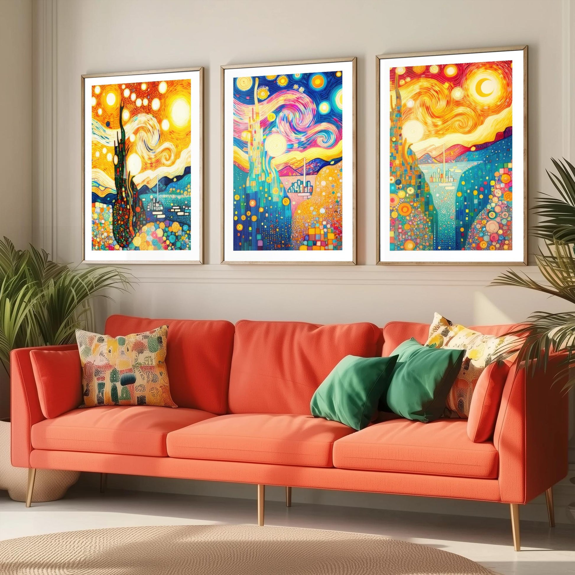 Rainbow Klimt Style Set of Three Art Prints - 3 Swirling Starry Landscape Posters - Vibrant Mosaic Illustration Decor Gift