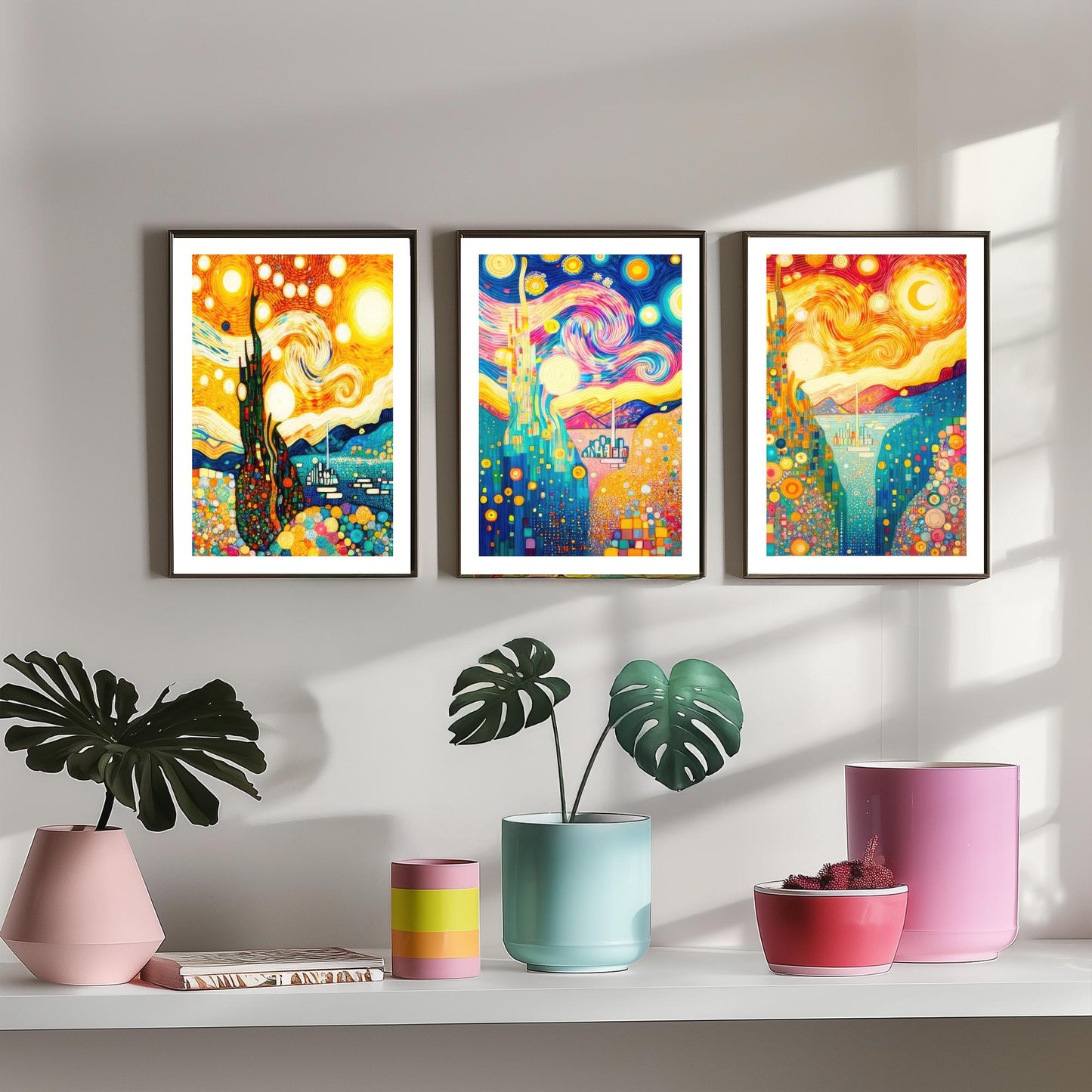 Rainbow Klimt Style Set of Three Art Prints - 3 Swirling Starry Landscape Posters - Vibrant Mosaic Illustration Decor Gift