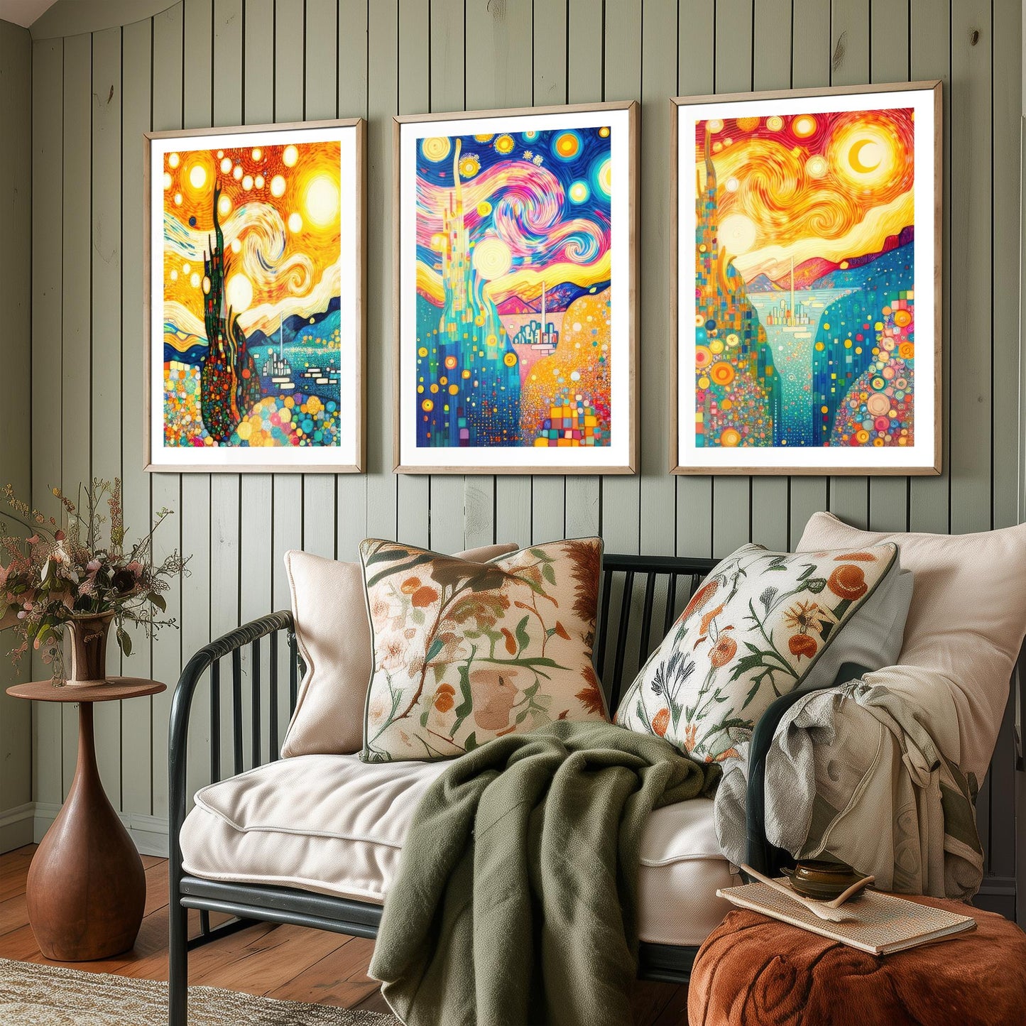 Rainbow Klimt Style Set of Three Art Prints - 3 Swirling Starry Landscape Posters - Vibrant Mosaic Illustration Decor Gift
