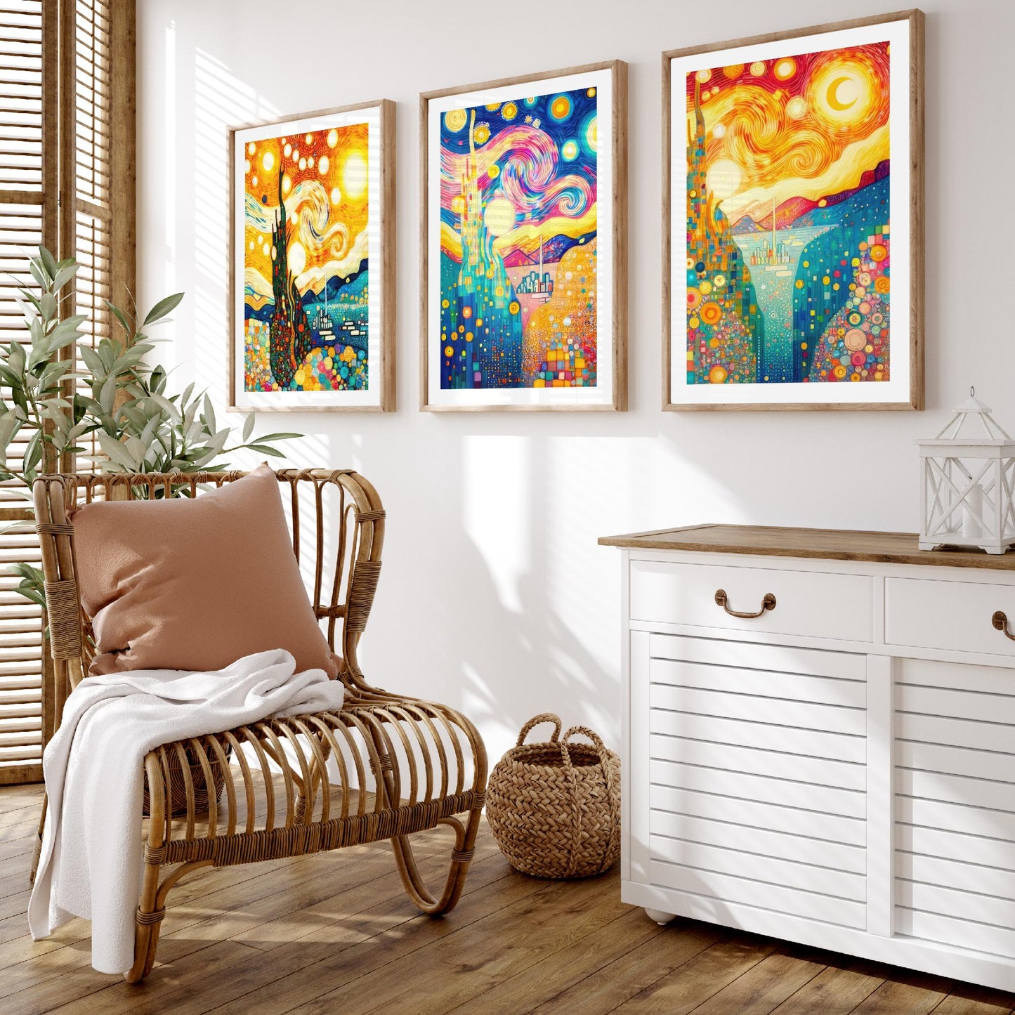 Rainbow Klimt Style Set of Three Art Prints - 3 Swirling Starry Landscape Posters - Vibrant Mosaic Illustration Decor Gift