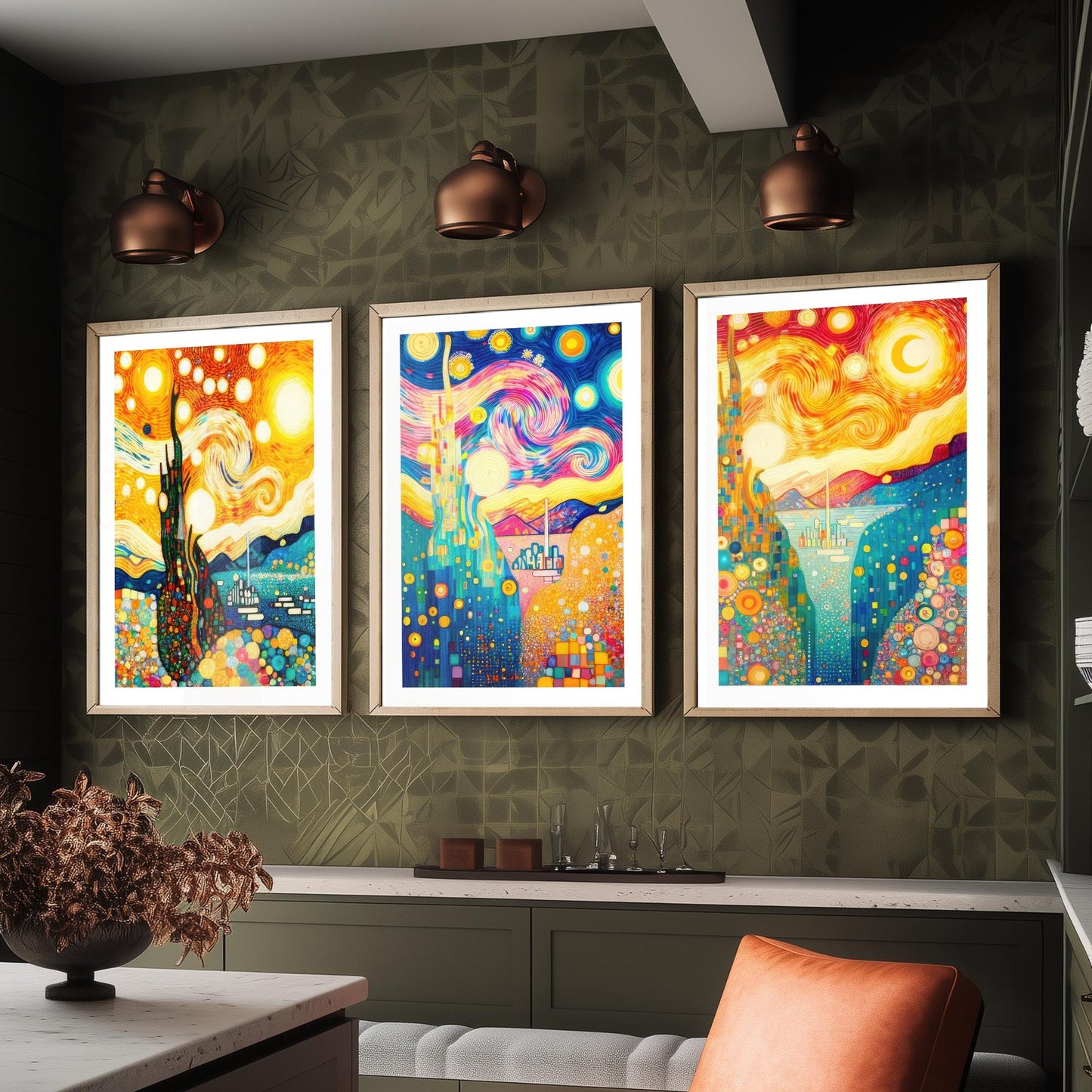 Rainbow Klimt Style Set of Three Art Prints - 3 Swirling Starry Landscape Posters - Vibrant Mosaic Illustration Decor Gift
