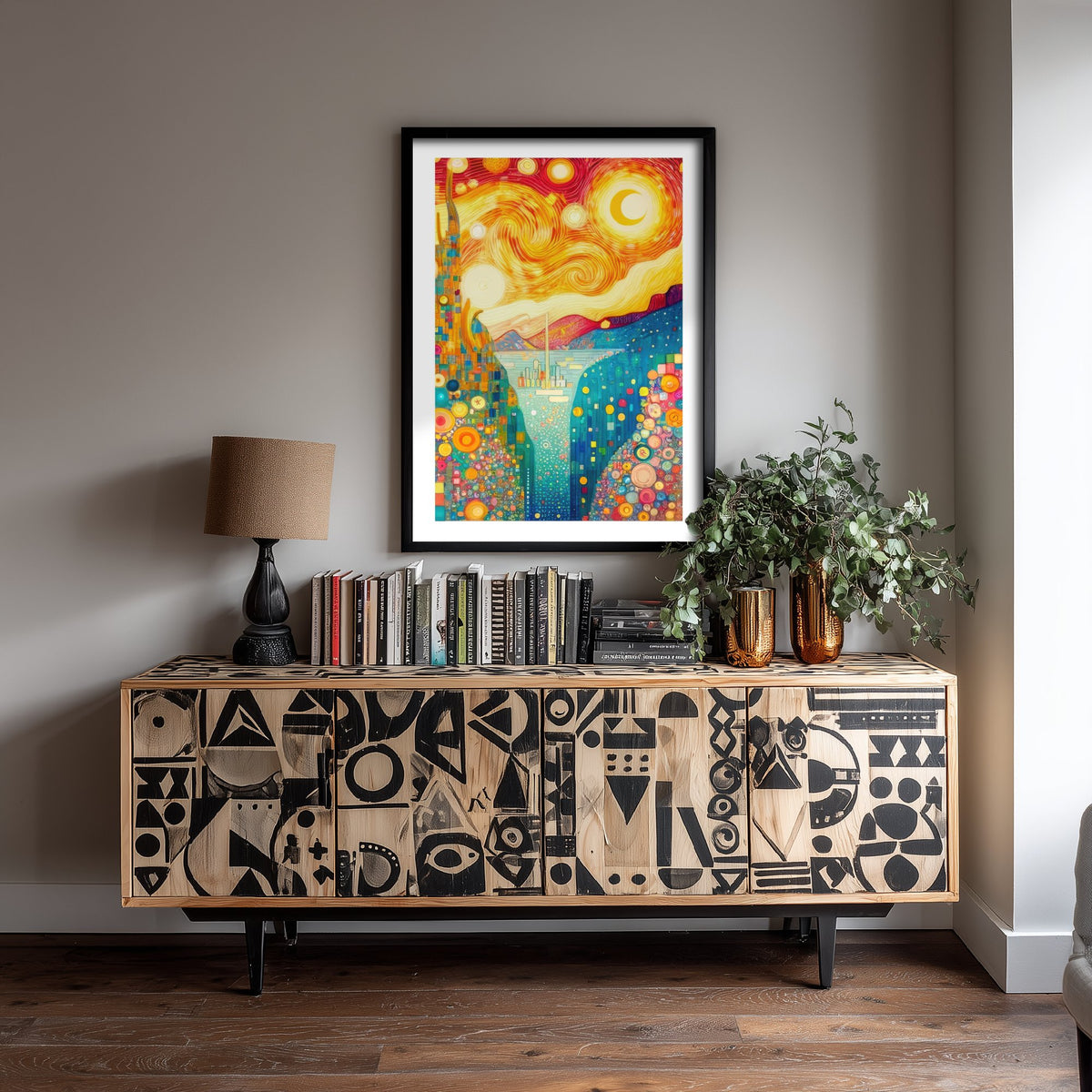 Rainbow Landscape Art Print - Golden Swirl Poster - Klimt Style Painting - Whimsical Sunset 3/3