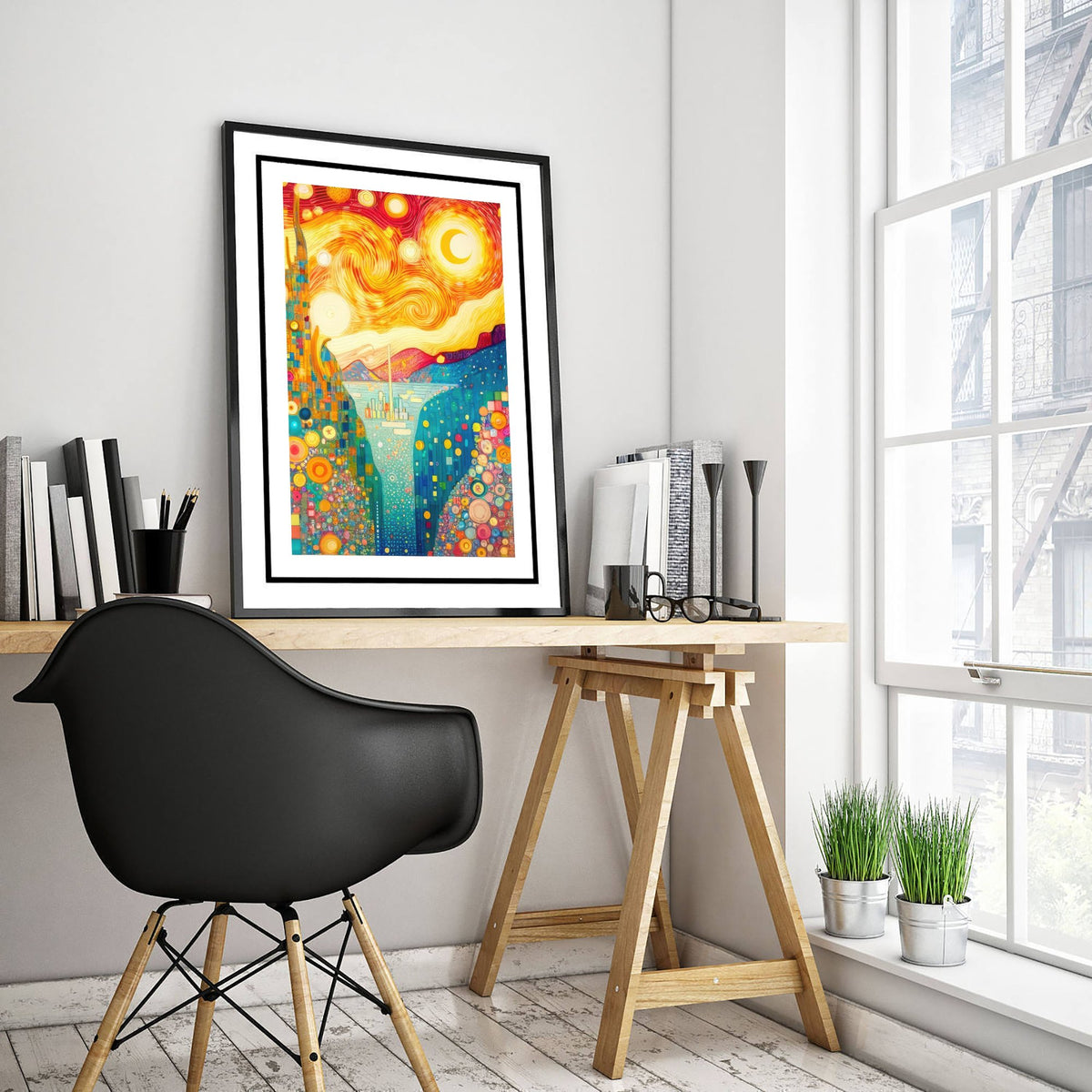 Rainbow Landscape Art Print - Golden Swirl Poster - Klimt Style Painting - Whimsical Sunset 3/3