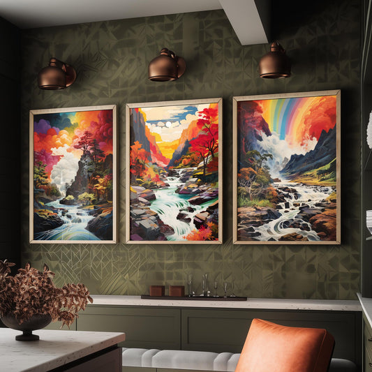 Rainbow River Set of Three Art Prints - Autumn Gorge with Waterfalls - Vivid Landscape Painting Poster